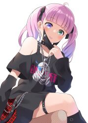 Rule 34 | 1girl, alternate costume, belt collar, black collar, black mask, black ribbon, black shirt, black skirt, blue hair, blush, character print, collar, crossed legs, fishnet pantyhose, fishnets, goblin slayer, goblin slayer!, gradient hair, green eyes, hair ribbon, heterochromia, highres, himemori luna, hololive, looking at viewer, mask, mask pull, medium hair, mouth mask, multicolored hair, nero (starlightbrakerexfb), pantyhose, pink hair, purple eyes, ribbon, shirt, skirt, smile, solo, thigh strap, virtual youtuber
