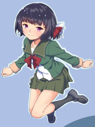 Rule 34 | 1girl, black footwear, black hair, blue background, commentary request, green jacket, green sailor collar, green skirt, hair ribbon, highres, ishigaki (kancolle), jacket, kantai collection, loafers, long sleeves, neck ribbon, pleated skirt, purple eyes, red ribbon, ribbon, sailor collar, school uniform, serafuku, shingyou (alexander-13), shoes, short hair, simple background, skirt, solo, two-tone background, white ribbon