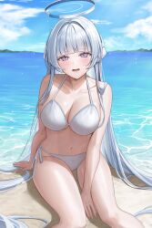 Rule 34 | 1girl, absurdres, alternate costume, arm support, beach, bikini, blue archive, blue sky, blunt bangs, blush, breasts, cleavage, cloud, cloudy sky, collarbone, commentary, day, feet out of frame, grey hair, grey halo, hair intakes, halo, halterneck, headphones, highres, kangse415, long hair, looking at viewer, mechanical halo, medium breasts, navel, noa (blue archive), ocean, open mouth, outdoors, purple eyes, sitting, sky, smile, solo, stomach, sweatdrop, swimsuit, thighs, very long hair, white bikini