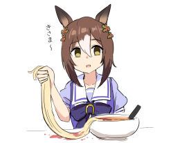 Rule 34 | 1girl, ai drawing anime characters eating ramen (meme), animal ears, bow, bowl, bowtie, brown hair, clover hair ornament, empty eyes, fine motion (umamusume), food, hair between eyes, hair ornament, holding, holding food, horse ears, looking at viewer, meme, multicolored hair, noodles, open mouth, purple shirt, sailor collar, school uniform, shirt, short sleeves, solo, table, tenten (chan4545), tracen school uniform, translation request, two-tone hair, umamusume, white background