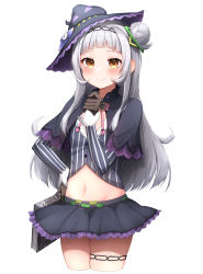 Rule 34 | 1girl, absurdres, black hairband, black headwear, black skirt, blush, book, bow, bowtie, brown eyes, brown gloves, capelet, closed mouth, cowboy shot, cropped legs, frilled skirt, frills, gloves, grey hair, hair bun, hairband, hand on own hip, hand up, hat, highres, holding, holding book, hololive, long hair, long sleeves, looking at viewer, midriff, miniskirt, murasaki shion, murasaki shion (1st costume), navel, pepushi drow, pink bow, pink bowtie, shirt, simple background, single hair bun, skirt, solo, striped clothes, striped shirt, thigh strap, tilted headwear, vertical-striped clothes, vertical-striped shirt, virtual youtuber, white background, witch hat