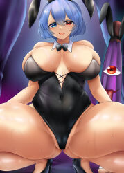 Rule 34 | 1girl, absurdres, animal ears, black footwear, black leotard, blue eyes, blue hair, breasts, cleavage, commentary request, covered navel, cross-laced clothes, curtains, gluteal fold, groin, heterochromia, high heels, highres, huge breasts, karakasa obake, leotard, looking at viewer, open mouth, playboy bunny, poke200, purple umbrella, rabbit ears, red eyes, short hair, spread legs, squatting, sweat, tatara kogasa, thighs, touhou, umbrella