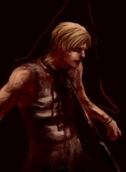 Rule 34 | 1boy, bad id, bad pixiv id, black background, blonde hair, blood, blood from mouth, dual persona, closed eyes, full body, guro, helmet, injury, jacket, james sunderland, long sleeves, male focus, polearm, pyramid head, short hair, silent hill, silent hill (series), silent hill 2, simple background, solo, spear, stab, upper body, weapon