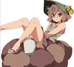 Rule 34 | 1girl, animal ears, bad id, bad twitter id, bell, brown eyes, brown hair, convenient censoring, futatsuiwa mamizou, glasses, gourd, hasebe yuusaku, leaf, leaf on head, looking at viewer, raccoon ears, raccoon tail, sandals, shirt, short hair, simple background, skirt, sleeveless, smile, solo, tail, touhou, white background