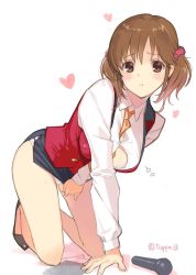 Rule 34 | 10s, 1girl, :t, all fours, arm support, blouse, blush, breasts, brown hair, center opening, embarrassed, female focus, full body, heart, highres, idolmaster, idolmaster cinderella girls, looking at viewer, mibu natsuki, microphone, miniskirt, necktie, orange necktie, panties, pencil skirt, royale style (idolmaster), scrunchie, shirt, short twintails, simple background, skirt, solo, torn clothes, totoki airi, twintails, twitter username, underwear, vest, white panties, white shirt