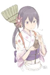 Rule 34 | 10s, 1girl, akebono (kancolle), apron, bell, broom, cleaning, dated, duster, flower, hair bell, hair flower, hair ornament, japanese clothes, jingle bell, kantai collection, kawashina (momen silicon), kimono, musical note, purple eyes, purple hair, side ponytail, simple background, solo, tasuki, waist apron, white background