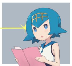 Rule 34 | 1girl, bare arms, black one-piece swimsuit, blue eyes, blue hair, blue sailor collar, book, border, bright pupils, commentary request, creatures (company), freckles, game freak, grey background, hairband, holding, holding book, lana (pokemon), nintendo, no sclera, one-piece swimsuit, open mouth, outside border, pokemon, pokemon sm, raised eyebrows, sailor collar, shirt, short hair, sleeveless, sleeveless shirt, solo, squid neetommy, swimsuit, swimsuit under clothes, trial captain, white border, white pupils, white shirt, yellow hairband