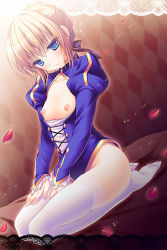 Rule 34 | 1girl, artoria pendragon (all), artoria pendragon (fate), blonde hair, blue eyes, blush, breasts, fate/stay night, fate (series), female focus, kino konomi, konomi (kino konomi), nipples, petals, saber (fate), sitting, small breasts, solo, thighhighs, type-moon, white thighhighs