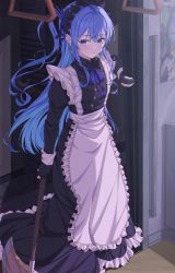 Rule 34 | 1girl, absurdres, apron, axe, black gloves, black hairband, blood, blood trail, blue eyes, blue hair, blush, breasts, dress, earrings, female focus, frilled apron, frilled dress, frilled hairband, frills, gloves, hair between eyes, hairband, highres, holding, holding axe, holding weapon, hololive, hoshimachi suisei, jewelry, long dress, long hair, long sleeves, looking at viewer, maid, maid apron, one side up, parted lips, partially fingerless gloves, sideways glance, small breasts, solo, stairs, star (symbol), star earrings, star in eye, symbol in eye, train interior, train station, train station platform, very long hair, virtual youtuber, weapon, yozora (1wkdgusdn)