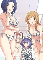 Rule 34 | + +, 4girls, ahoge, animal print, arm under breasts, bikini, blonde hair, blue hair, blush, bow, breasts, brown eyes, brown hair, ceiling, ceiling light, cleavage, collarbone, cow horns, cow print, dot nose, fake horns, front-tie bikini top, front-tie top, green eyes, hand on own face, hands on own thighs, highres, hood, hood up, hoodie, horns, idolmaster, idolmaster (classic), idolmaster million live!, idolmaster million live! theater days, indoors, large breasts, leaning forward, long hair, looking at viewer, matsuda arisa, medium breasts, miura azusa, mochizuki anna, momose rio, multiple girls, navel, one eye closed, open mouth, parted lips, perapera, pigeon-toed, purple hair, red eyes, short hair, side-tie bikini bottom, sitting, small breasts, smile, standing, swimsuit, tile ceiling, tiles, twintails