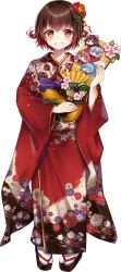 Rule 34 | 1girl, brown hair, full body, grin, japanese clothes, kantai collection, kimono, kisaragi (kancolle), kusada souta, long sleeves, minazuki (kancolle), mutsuki (kancolle), obi, official art, red eyes, red kimono, sandals, sash, short hair, smile, solo, transparent background, uzuki (kancolle), wide sleeves, yayoi (kancolle), yukata, zouri