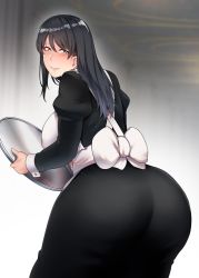 Rule 34 | 1girl, apron, ass, blush, breasts, from behind, huge ass, large breasts, leaning forward, looking back, maid, maid apron, smile, solo, standing, toritora