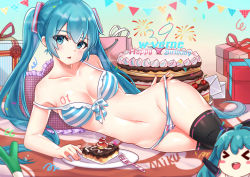 Rule 34 | 1girl, absurdres, artist name, bare shoulders, birthday, black thighhighs, blue bra, blue eyes, blue hair, blue panties, blush, bra, breasts, cake, cake slice, cleavage, collarbone, food, fork, happy birthday, hatsune miku, highres, large breasts, looking at viewer, lying, navel, on side, panties, parted lips, plate, solo, striped bra, striped clothes, striped panties, thighhighs, twintails, underwear, vocaloid, w-verne, white bra, white panties