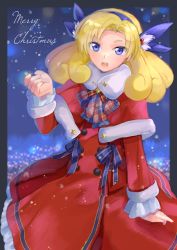Rule 34 | 1girl, alouette pomiers, black border, blonde hair, blue bow, blue hairband, border, bow, capelet, dress, fur trim, hair bow, hairband, hakaiou: gaogaigar vs. betterman, highres, lens flare, long hair, looking at viewer, merry christmas, okuya, parted bangs, red capelet, red dress, smile, snowing, solo, yuusha ou gaogaigar, yuusha series
