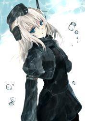 Rule 34 | 10s, 1girl, blonde hair, blue eyes, bubble, cropped jacket, garrison cap, hat, kantai collection, long hair, long sleeves, military, military uniform, natsuyuki, puffy long sleeves, puffy sleeves, solo, u-511 (kancolle), underwater, uniform