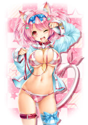 Rule 34 | 1girl, :d, ahoge, animal ear fluff, animal ears, belt, between breasts, bikini, blue bow, blue ribbon, blush, bow, breasts, cat ears, cat girl, cat tail, checkered background, collar, contrapposto, female focus, flower, hair ornament, hairclip, head tilt, highres, kamiya tomoe, large breasts, leash, long sleeves, navel, necktie, necktie between breasts, one eye closed, open mouth, original, paw pose, pink eyes, pink flower, pink hair, pink ribbon, plaid, plaid bikini, plaid swimsuit, ribbon, shirt, short hair, short twintails, single thighhigh, smile, solo, standing, striped clothes, striped thighhighs, swimsuit, tail, tail ornament, tail raised, tail ribbon, thigh strap, thighhighs, twintails, underboob