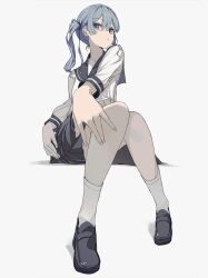 Rule 34 | 1girl, absurdres, alternate costume, black footwear, black skirt, blue eyes, blue hair, closed mouth, commentary, foreshortening, grey background, hair between eyes, highres, hololive, hoshimachi suisei, karyln, knees together feet apart, legs, loafers, long hair, long sleeves, on ground, pleated skirt, sailor collar, school uniform, serafuku, shadow, shirt, shoes, side ponytail, simple background, sitting, skirt, socks, symbol-only commentary, virtual youtuber, white shirt, white socks