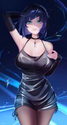 Rule 34 | 1girl, absurdres, arm behind head, armpits, bare shoulders, black choker, black dress, blue background, blue hair, blue nails, blunt bangs, breasts, brown pantyhose, choker, cleavage, commentary request, detached sleeves, diagonal bangs, dress, elbow gloves, genshin impact, gloves, green eyes, highres, jewelry, large breasts, medium hair, nail polish, pantyhose, parted lips, pendant, russian commentary, sakichka, short dress, short hair, smile, solo, standing, twitter username, yelan (genshin impact)