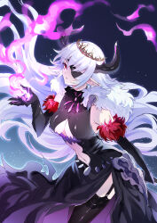 Rule 34 | 1girl, absurdres, animal skull, black dress, black ribbon, black thighhighs, cheeselate, clothing cutout, crown, departed soultaker (shadowverse), dress, elbow gloves, eyepatch, fur trim, gloves, head tilt, highres, holding, holding polearm, holding weapon, horns, long hair, looking at viewer, magic, navel cutout, one eye covered, open mouth, pointy ears, polearm, red eyes, red fur, ribbon, shadowverse, sleeveless, solo, standing, thigh strap, thighhighs, very long hair, weapon, white hair