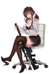 Rule 34 | 1girl, absurdres, anti-materiel rifle, assault rifle, between legs, black bra, blast compensator, blush, bolt-action rifle, bolt action, bra, breasts, brown eyes, brown hair, bullpup, button gap, chair, cleavage, collared shirt, compensator, crossed legs, dress shirt, dsr-50, dsr-50 (girls&#039; frontline), earrings, girls&#039; frontline, gun, high heels, highres, huge filesize, jewelry, kuraken, large breasts, long hair, looking at viewer, miniskirt, muzzle device, office chair, office lady, open clothes, open mouth, open shirt, pencil skirt, phallic symbol, rifle, see-through, shirt, side slit, sitting, skirt, sniper rifle, suppressor, swivel chair, teacher, thighhighs, thighs, tongue, tongue out, underwear, weapon, white shirt