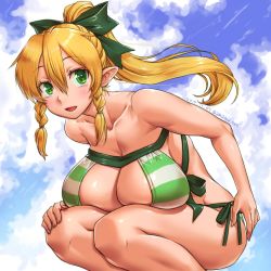 Rule 34 | 1girl, :d, amania orz, bare shoulders, bikini, blonde hair, blush, bow, braid, breasts, cleavage, cloud, collarbone, dated, green bikini, green eyes, hair between eyes, hair bow, huge breasts, leafa, leaning forward, long hair, looking at viewer, open mouth, ponytail, side-tie bikini bottom, signature, sky, smile, solo, squatting, striped bikini, striped clothes, swimsuit, sword art online, twin braids, twitter username