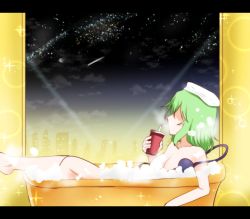 Rule 34 | 1girl, bathing, bathtub, breasts, city lights, cityscape, cleavage, cup, drinking straw, green hair, komeiji koishi, large breasts, letterboxed, night, sky, solo, sunset, takorice, third eye, touhou, window