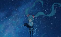Rule 34 | 1girl, absurdly long hair, black footwear, black skirt, blue eyes, blue hair, blue necktie, blush, boots, collared shirt, detached sleeves, hatsune miku, long hair, looking at viewer, necktie, night, open mouth, outdoors, shirt, skirt, sleeveless, smile, solo, star (symbol), starry background, thigh boots, thighhighs, turu, twintails, very long hair, vocaloid, white shirt