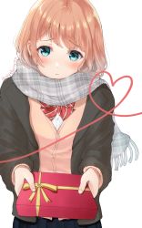 Rule 34 | 1girl, absurdres, black jacket, blue eyes, blue skirt, blush, bow, bowtie, brown hair, cardigan, chocolate, closed mouth, enpera, gift, grey scarf, heart, highres, holding, holding gift, incoming gift, jacket, long hair, looking at viewer, open clothes, open jacket, original, plaid, plaid scarf, pleated skirt, red bow, scarf, school uniform, shirt, simple background, skirt, solo, striped, striped bow, syehera77, twitter username, upper body, valentine, white background, white shirt