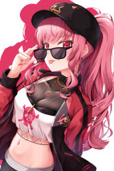Rule 34 | 1girl, :p, adjusting eyewear, adjusting glasses, baseball cap, black hat, blush, breasts, cleavage, commentary, crop top, english commentary, fingernails, fishnet top, fishnets, hand on eyewear, hat, highres, hololive, hololive english, jacket, jewelry, lancheu, long fingernails, long sleeves, looking at viewer, looking over eyewear, looking over glasses, medium breasts, mori calliope, nail polish, navel, necklace, open clothes, open jacket, pink eyes, pink hair, pink nails, ponytail, red jacket, shirt, skull and crossbones, skull print, solo, stomach, sunglasses, tinted eyewear, tongue, tongue out, upper body, virtual youtuber, white background, white shirt