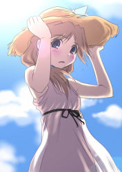 Rule 34 | 00s, 1girl, arms up, black ribbon, blue eyes, blue sky, blush, brown hair, day, dress, embarrassed, hand on headwear, hat, komaki ikuno, long hair, looking at viewer, looking down, open mouth, outdoors, pink dress, ribbon, sakaki imasato, see-through silhouette, sky, sleeveless, sleeveless dress, solo, sun hat, sundress, tareme, to heart (series), to heart 2, upper body