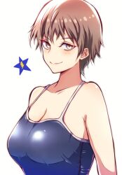 Rule 34 | 1girl, blue one-piece swimsuit, blush, breasts, brown eyes, brown hair, cat earthen pot, cleavage, closed mouth, collarbone, emblem, freckles, girls und panzer, highres, large breasts, looking at viewer, naomi (girls und panzer), one-piece swimsuit, saunders (emblem), school swimsuit, short hair, simple background, smile, solo, swimsuit, upper body, white background