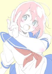 Rule 34 | 1girl, :d, absurdres, ahoge, bad id, bad twitter id, blue eyes, blue sailor collar, blue skirt, donguri suzume, hand up, highres, looking at viewer, neckerchief, open mouth, pale color, pink hair, red neckerchief, sailor collar, school uniform, serafuku, shirt, short hair, short sleeves, simple background, skirt, smile, solo, upper body, w, white shirt, yellow background