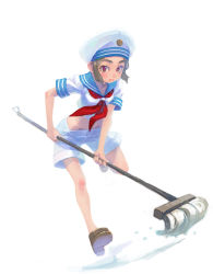 Rule 34 | 1girl, blue sailor collar, cleaning, hat, mop, running, sailor, sailor collar, sailor hat, simple background, solo, weno