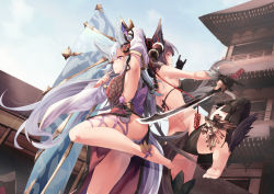 Rule 34 | 10s, 2girls, \m/, animal ears, anklet, architecture, armpits, ass, back-to-back, bad id, bad pixiv id, barefoot, bell, bikini, black bikini, black hair, blue eyes, breasts, day, detached sleeves, east asian architecture, erune, hand fan, finger to mouth, flower, folding fan, fox ears, fox shadow puppet, fox tail, gloves, granblue fantasy, hair bell, hair flower, hair ornament, hand on head, highres, holding, holding sword, holding weapon, jewelry, jingle bell, leg ribbon, long hair, medium breasts, multiple girls, panties, pantyshot, red eyes, ribbon, saraki, sideboob, silver hair, sky, societte (granblue fantasy), standing, standing on one leg, swimsuit, sword, tail, thighhighs, underwear, very long hair, weapon, wide sleeves, yuel (granblue fantasy)