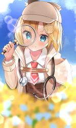 Rule 34 | 1girl, bad id, bad pixiv id, blonde hair, blue eyes, blurry, blurry foreground, blush, breasts, closed mouth, collared shirt, commentary request, day, deerstalker, depth of field, detective, hair ornament, hat, highres, hiruno ushiro, holding, holding magnifying glass, hololive, hololive english, lens flare, long hair, long sleeves, looking at viewer, magnifying glass, necktie, outdoors, plaid, plaid skirt, red necktie, shirt, skirt, smile, solo, sunlight, upper body, virtual youtuber, watson amelia, watson amelia (1st costume), white shirt