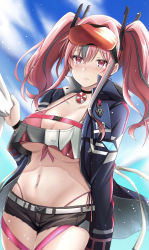 Rule 34 | 1girl, absurdres, aoharu (haquka), azur lane, belt, bikini, bikini under clothes, black choker, black shorts, blue background, blue jacket, blush, bow, breasts, bremerton (azur lane), buckle, choker, cleavage, closed mouth, collarbone, commentary request, cowboy shot, crop top, crop top overhang, crossed bangs, crying, crying with eyes open, cutoffs, ear piercing, front-tie bikini top, front-tie top, grey belt, grey hair, groin, hair between eyes, hair bow, hair intakes, hair ornament, hairclip, highleg, highleg bikini, highres, hood, hood down, hooded jacket, jacket, large breasts, lifebuoy, light particles, long hair, long sleeves, looking at viewer, midriff, mole, mole on breast, mole under eye, multicolored hair, navel, navel piercing, open clothes, open jacket, piercing, pink bikini, pink eyes, pink hair, red-tinted eyewear, shirt, shirt tug, short shorts, shorts, side-tie bikini bottom, sidelocks, snap-fit buckle, solo focus, standing, streaked hair, sunglasses on head, swim ring, swimsuit, tears, thigh strap, tinted eyewear, twintails, two-tone hair, two-tone shirt, underboob, white shirt, x hair ornament