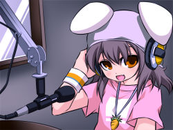 Rule 34 | 1girl, alternate costume, animal ears, brown eyes, rabbit ears, contemporary, dj, fang, female focus, hat, headphones, inaba tewi, indoors, jewelry, microphone, microphone stand, necklace, noya makoto, pendant, radio booth, shirt, sitting, solo, studio microphone, t-shirt, touhou, upper body, wristband