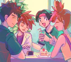 Rule 34 | 1girl, 3boys, :d, brock (pokemon), brown hair, cake, cake slice, closed mouth, commentary request, creatures (company), cup, drinking straw, closed eyes, food, game freak, gary oak, glass, green shirt, headband, holding, holding cup, itome (funori1), lab coat, misty (pokemon), multiple boys, nintendo, one side up, open mouth, plate, pokemon, pokemon (anime), pokemon (classic anime), purple shirt, shirt, short hair, short sleeves, smile, spiked hair, suspenders, sweatdrop, t-shirt, table, tongue, tracey sketchit, vest, yellow shirt