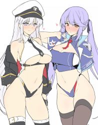 Rule 34 | 2girls, adapted costume, arm behind back, arm up, azur lane, bare shoulders, black ribbon, black thighhighs, blue cloak, blue gloves, blue hair, blue panties, blush, braid, breasts, brown eyes, cleavage, cleavage cutout, cloak, clothes writing, clothing cutout, collared dress, commentary request, contrapposto, dress, enterprise (azur lane), essex (azur lane), fingerless gloves, floating hair, french braid, gloves, groin, hair ribbon, halcon, hat, heart, highleg, highleg panties, highres, large breasts, long hair, looking at viewer, military hat, multicolored clothes, multicolored panties, multiple girls, navel, necktie, nose blush, off shoulder, panties, parted lips, purple eyes, red neckwear, ribbon, simple background, standing, thighhighs, twintails, underboob, underwear, unfinished, very long hair, white background, white hair