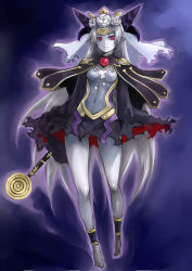 Rule 34 | 1girl, breasts, cape, full body, gradient background, highres, johan (johan13), long hair, pointy ears, red eyes, shinrabanshou, silver hair, small breasts, solo, spikes, staff, tanatoria, veil, very long hair