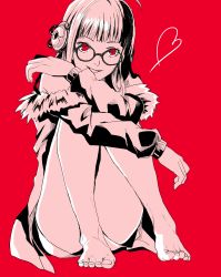 Rule 34 | 10s, 1girl, absurdres, barefoot, convenient censoring, convenient leg, feet, female focus, glasses, grin, heart, highres, hugging own legs, limited palette, monochrome, persona, persona 5, red background, red eyes, red theme, sakura futaba, sitting, smile, solo, toes, uri (9uuuuuri), uri qn