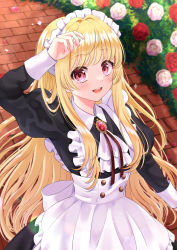 Rule 34 | 1girl, :d, apron, arm up, back bow, blonde hair, blush, bow, brick floor, brooch, bush, buttons, collared dress, dress, flower, frills, hair intakes, highres, ascot, jewelry, juliet sleeves, long hair, long sleeves, looking at viewer, maid, maid headdress, neck ribbon, open mouth, original, outdoors, pink eyes, puffy sleeves, ribbon, rooibos, rose, rose bush, sleeve cuffs, smile, solo, underbust, very long hair