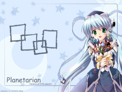 Rule 34 | 00s, 1girl, blue background, blue dress, blue hair, blush, cowboy shot, dress, green eyes, holding, holding hands, hoshino yumemi, komatsu eiji, long sleeves, looking at viewer, official art, official wallpaper, own hands together, planetarian, ribbon, simple background, solo, standing, tareme, text focus, wallpaper