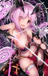 Rule 34 | 1girl, ahoge, bad perspective, bikini, bikini top only, bouncing breasts, bow (weapon), breasts, bridal garter, cisyo, demon horns, earrings, eyes visible through hair, hair over one eye, halterneck, highres, horn ornament, horns, jewelry, light purple hair, looking at viewer, magic circle, medium breasts, navel, open mouth, oscurol (shironeko project), oscurol (shironeko project), pelvic curtain, pink eyes, pointy ears, revealing clothes, shironeko project, short hair, smile, solo, strap gap, swimsuit, weapon