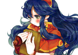 Rule 34 | 1girl, bad id, bad pixiv id, blue hair, blush, book, bracelet, capelet, commentary request, dark blue hair, fire emblem, fire emblem: the binding blade, floating hair, gauntlets, gold trim, green eyes, hair between eyes, hands up, highres, holding, holding book, jewelry, light smile, lilina (fire emblem), long hair, looking down, nintendo, red capelet, red headwear, sakusankarmin, simple background, sleeveless, solo, upper body, white background