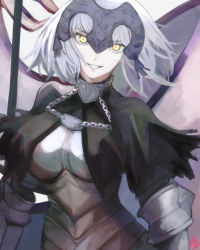 Rule 34 | 1girl, armor, armored dress, breasts, chain, collar, fate/grand order, fate (series), flag, gauntlets, grin, headpiece, highres, jeanne d&#039;arc (fate), jeanne d&#039;arc alter (avenger) (fate), jeanne d&#039;arc alter (fate), large breasts, looking at viewer, metal collar, moedredd, plackart, polearm, short hair, silver hair, smile, solo, weapon, yellow eyes