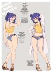 Rule 34 | 1girl, absurdres, ass, banned artist, bare legs, bare shoulders, blue eyes, blue hair, blue shorts, breasts, brown footwear, character name, character profile, english text, glasses, hand on own hip, high heels, highres, hospital gown, jairou, looking at viewer, looking back, measurements, medium breasts, micro shorts, multiple views, navel, nurse, original, shoes, short hair, shorts, simple background, standing, stethoscope, tank top, three sizes, yellow tank top