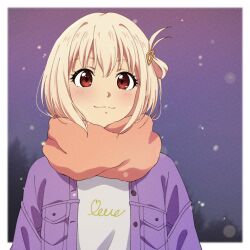 Rule 34 | 1girl, blonde hair, blush, closed mouth, commentary, hair ornament, hairclip, highres, jacket, looking at viewer, lycoris recoil, nishikigi chisato, one side up, open clothes, open jacket, orange scarf, purple jacket, red eyes, ryuryu 7150, scarf, shirt, short hair, snow, solo, upper body, white shirt, winter clothes