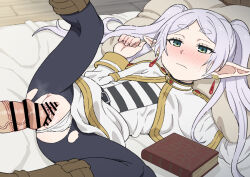 Rule 34 | 1boy, 1girl, bed, black pantyhose, blush, book, boots, brown footwear, capelet, censored, closed mouth, dress, earrings, embarrassed, enamiru, frieren, green eyes, grey hair, hetero, imminent penetration, indoors, jewelry, long hair, long sleeves, lying, on back, pantyhose, parted bangs, penis, pillow, pointy ears, pussy, sousou no frieren, spread legs, thick eyebrows, torn clothes, torn pantyhose, twintails, wavy mouth, white dress