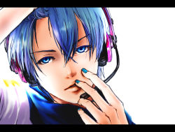Rule 34 | 1boy, and (abimaru), and (piapro), blue eyes, blue hair, blue nails, blue scarf, headphones, headset, highres, kaito (vocaloid), letterboxed, lips, male focus, matching hair/eyes, migikata no chou (vocaloid), nail polish, portrait, scarf, solo, vocaloid